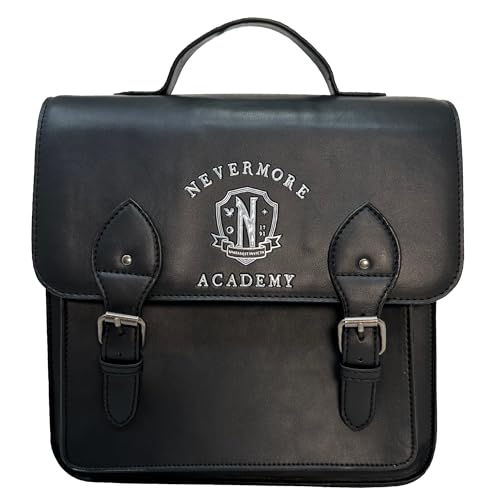 Mad Engine Officially Licensed Wednesday Addams TV Series Solid Black with Nevermore Logo Mini Bag Kawaii Cosplay Girls Backpack with Adjustable Shoulder Straps