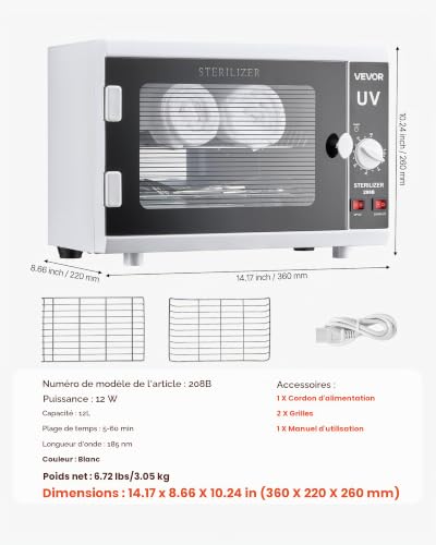 VEVOR Stérilisateur UV 12 L, Armoire de Désinfection UV avec Minuterie, Commande par Bouton, Longueur d'Onde 185 nm, Porte en Verre Trempé, pour Laboratoires, Maison, Salons de Manucure et de Beauté – vue 7
