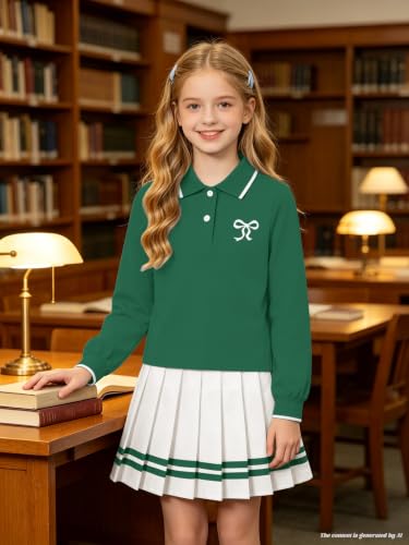 Image of Betusline Girls Long Sleeve Polo Skirt Set Kids Preppy Uniform Outfit,4-14Y