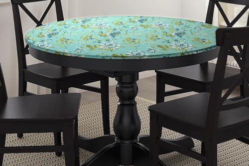 Image of The Furnishing Tree Elastic Cotton Round Dining Table Cover 36x36 in Inches Floral Golden Leaf on Blue Base