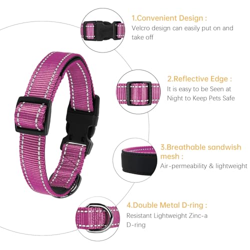 Image of HEELE Dog Collar, Reflective Dog Collar, Soft Neoprene Padded Breathable Nylon Pet Collar Adjustable for Medium Dogs, Magenta, M(13.38-20.47 inch)