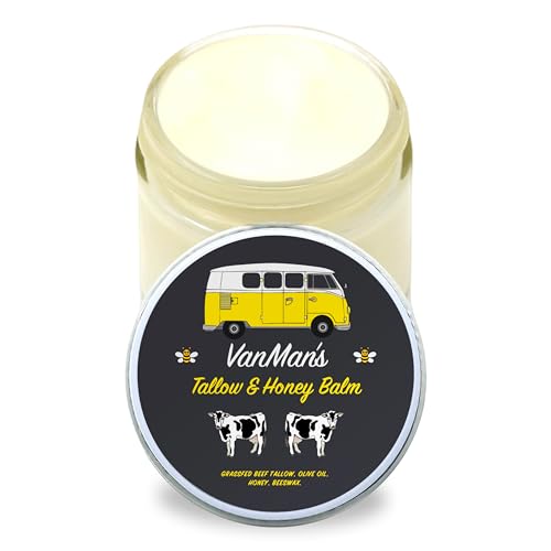 Vanman's Tallow and Honey Balm With No Added Scent - Beef Tallow Face Moisturizer with Grass-Fed/Finished Beef Tallow for Skin, Organic Raw Honey and Beeswax, Cold Pressed Olive Oil - 2 oz