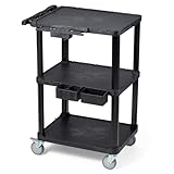 ELAFROS Heavy Duty 3-Tier AV Cart with Power Strip, 27.5 x 18.25 Inch, Industrial Plastic, 330 lbs Capacity, Flat Top Shelves with Swivel Wheels – Multipurpose Rolling cart