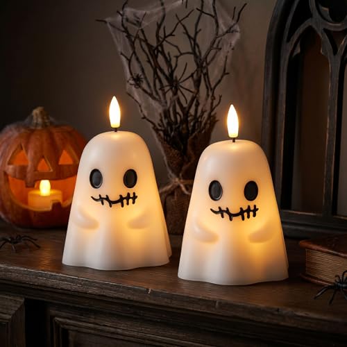 Image of GenSwin Ghost Halloween Flameless Candles Battery Operated LED with Timer | Real Wax, Halloween Decor, White, 2 Pack, 3.5 inch x 5.5 inch