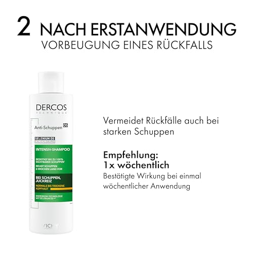 VICHY Anti-Schuppen Pflegeshampoo für trockenes Haar, 6 Wochen Anti-Rückfall-Wirkung, Frei von Parabenen, Mit Selendisulfid und Salicylsäure, Dercos Anti-Schuppen, 200 ml