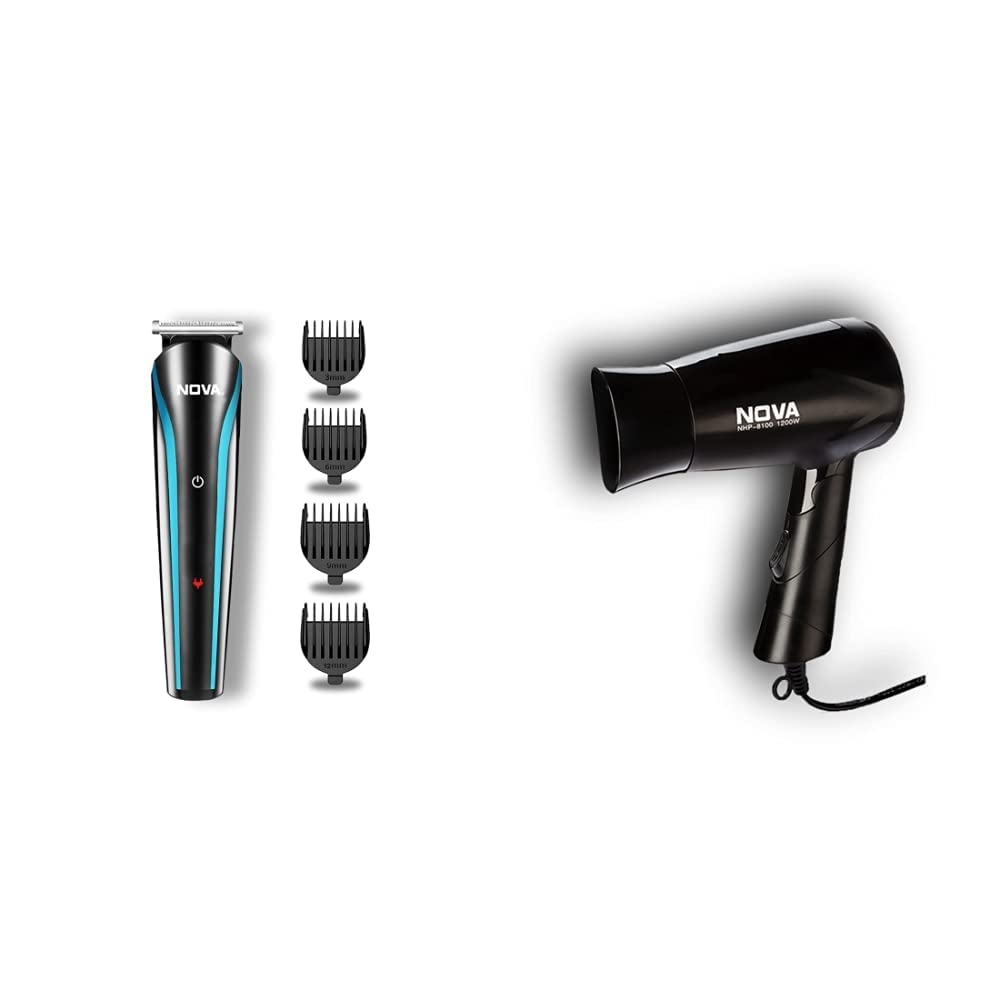 Nova NHT 1073 USB Rechargeable and Cordless: 60 Minutes Runtime Professional Hair Clipper for Men & Nova NHP 8100 Silky Shine 1200 W Hot and Cold Foldable Hair Dryer (Black)