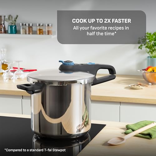 Image of T-Fal Secure Trendy Stainless Steel Pressure Cooker, 8.5 Quart, Steam Basket, Induction, Secure Locking System, Easy and Safe Opening, Compatible with All Cooktops, Dishwasher Safe, Silver