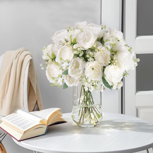 Pfingstrosen künstlich – 4 Bündel Weiße künstliche Blumen, Seiden-Pfingstrosen Blumenstrauß künstlich, wie echt für Hochzeit, Brautstrauß, Party, Tischdeko, Heim & Küche, langlebige Dekoration