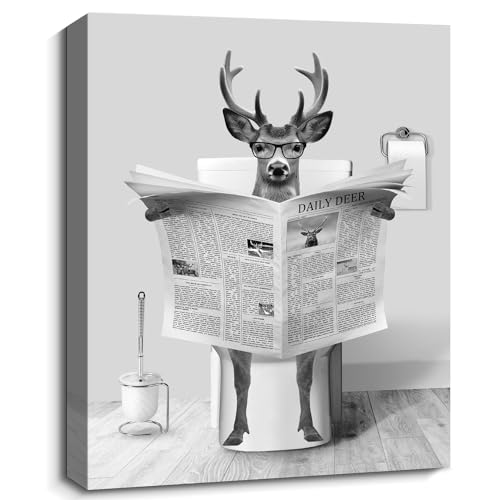 Funny Deer Bathroom Wall Art Decor Smart Elk Sitting in Toilet Reading Newspaper Painting Posters...