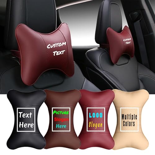 MVJAA Customizable Neck Pillow, Personalized Headrest Pillow, Breathable Fiber Filled, Adjustable PU Leather Seat Neck Support Fits Most Car Seats, Relieves Neck & Shoulder Pain During Travel (Red)