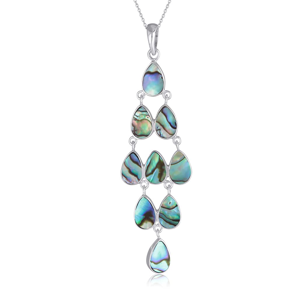 Aden Pendentif Collier Femme Argent 925 & Nacre Abalone – Chandelier Gouttes Multicolores – Modèle ONDINE – Reflets Iridescents Naturels