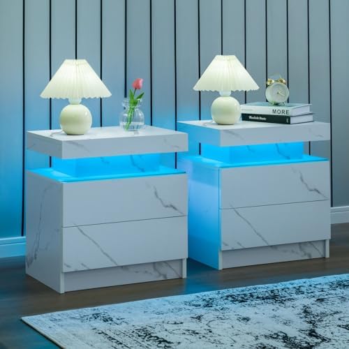 Night Stand Set 2 LED Nightstand with 2 Drawers Bedside Table wit...