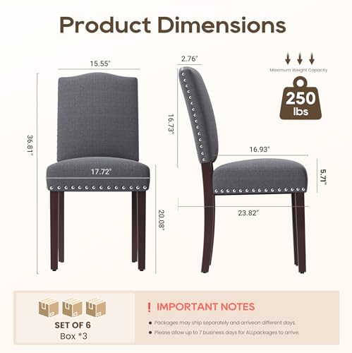 Image of Upholstered Dining Chairs Set of 6 with Thickened Seat Cushion, Wooden Mid-Century Modern Fabric Farmhouse Kitchen Chairs for Dining Room Living /Restaurant /Reading Room