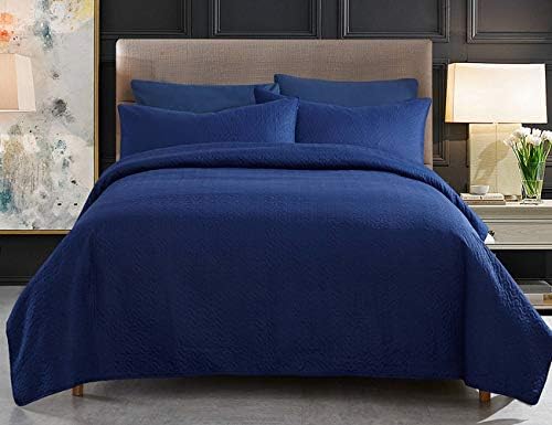 JML Quilts Set, Bedspread Coverlet Set with Pillowcases - 3 Piece Soft and Lightweight Bed Quilt for Spring, Autumn and Summer (Embossed Stripe - Navy, Full/Queen(88"x92"))