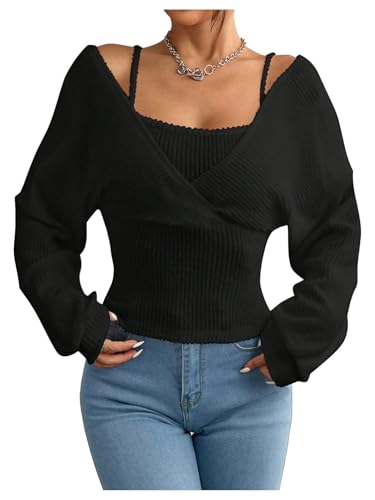 Women's 2 in 1 Sweater Y2k Cut Out Wrap V Neck Long Sleeve Pullover Tops