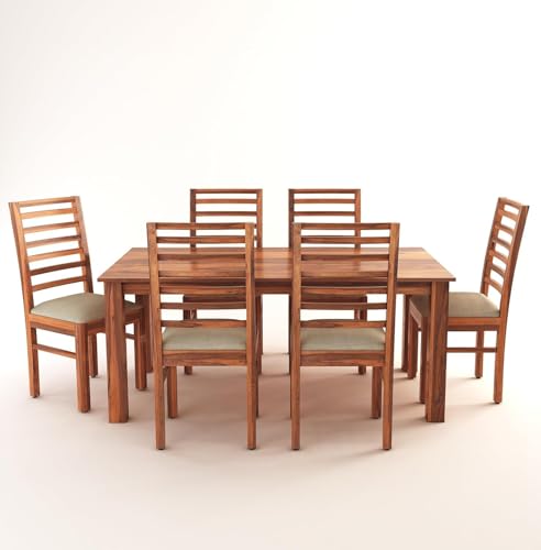Image of Solid Sheesham Wood Dining Set with Dining Table & Cushioned Chairs | Elegant | Comfortable | Durable & Stylish for Dining Room | Living Room | Home & Office | Hotels Restaurant (brown 25)