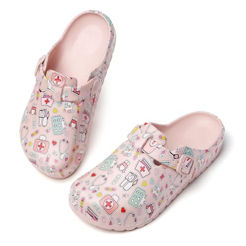 Image of Eliogn Women's Garden Clogs with Print, Waterproof Slip Resistant Work Clogs, Lightweight EVA Slip-On Mules, Cushioned Comfortable Shoes for Nurse, Chef, Kitchen, Beach