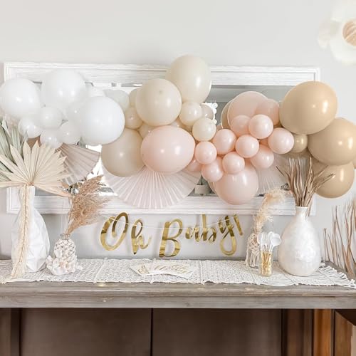 Image of Neutral Balloons Arch Kit, Cream Peach Boho Balloons Garland with Double Stuffed Sand White Balloon and Light Pink Balloon for Baby Shower Birthday Wedding Bridal Shower Party Decorations