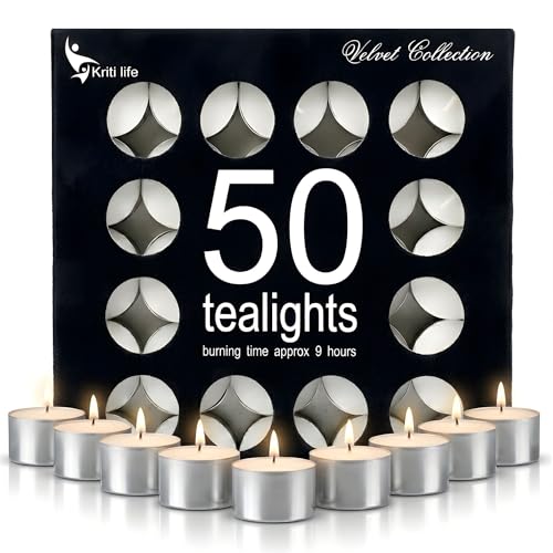 Image of Kriti Life Tealight Candles 100% Paraffin Wax | 9 Hours | Smokeless Unscented | Dripless White Candles for Home Decor | Wax Candles Set of 50