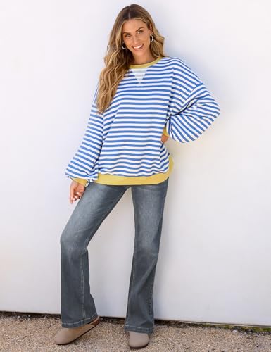 Image of UEU Women Oversized Striped Crewneck Sweatshirt Long Sleeve Color Block Pullover Tops Casual Loose Workout Shirt