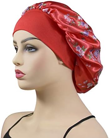Satin Sleep Bonnet Cap for Women, Wide Band Satin Sleeping Caps Night Hat Head Cover for Natural Hair Loss (Red Flower)