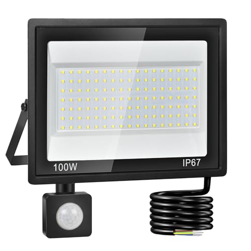 LED Strahler mit Bewegungsmelder Außen 100W,IP67 Wasserdicht LED Fluter,119LEDs,10000LM Außenstrahler,Led Scheiwerfer,7000K Kaltweiß Flutlicht Außenstrahler für den Garten,Hof,Garage,Auffahrt