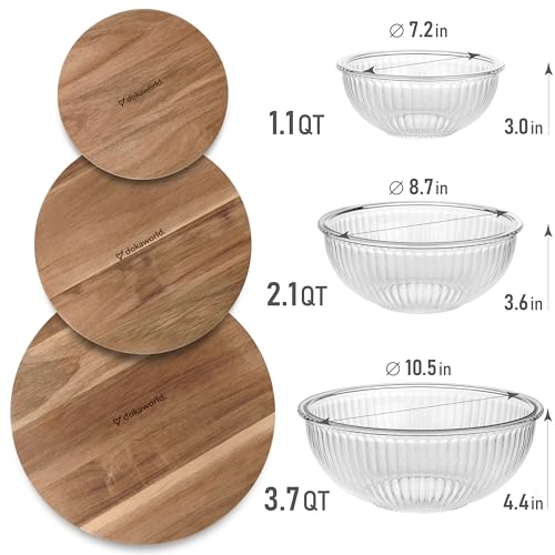 Set de 3 tazones de vidrio apilables con tapas de acacia miniatura 2