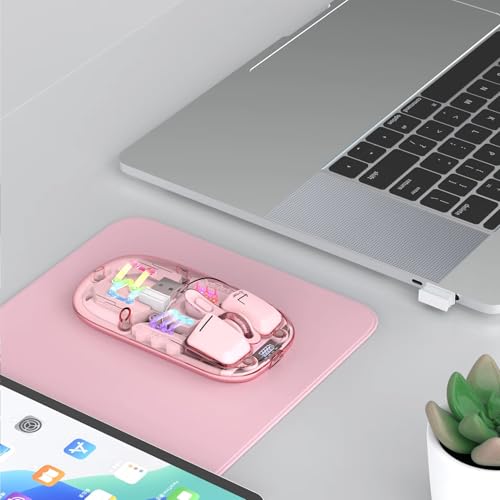 Image of Wireless Transparent Mouse Dual-Mode 2.4GHz /BT5.0 Bluetooth Metal Roller Silent Rechargeable RGB with USB Receiver Power Indicator Light Mouse for PC,Laptop,Mobile,Tablet (Pink)