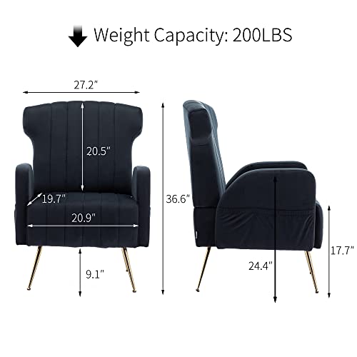 Homefun Wingback Accent Chair Set Of 2,Velvet Upholstered Armchair Single Modern Sofa With Metal Legs For Living Room Bedroom Office Black #TOP2