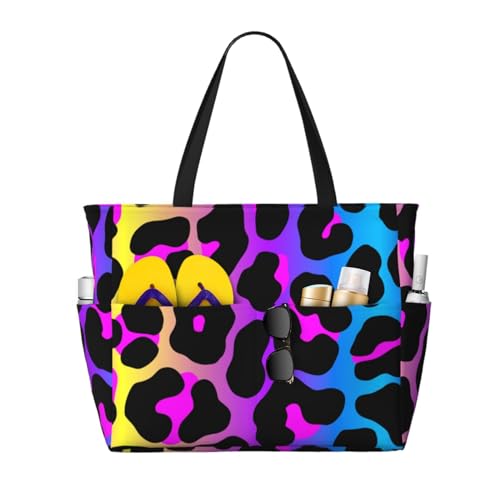 Grand sac de plage pour femme imprimé léopard néon - Sac fourre-tout cabas avec poignées solides