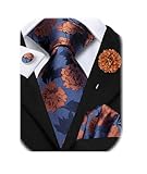 Hi-Tie Blue and Orange Ties for Men Silk Mens Tie and Flower Lapel Pin Pocket Square Cufflink Set 4PC Necktie for Wedding