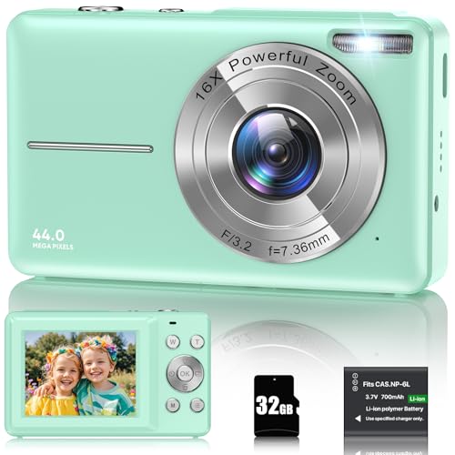 Digitalkamera 1080P 44MP Fotokamera 16X Digitalzoom Kamera, Vlogging Fotoapparat Kompaktkamera mit 2,4' LCD Bildschirm, 32G Micro Speicherkarte, 1 Akku für Kinder Teenager Studenten Anfänger-Grün