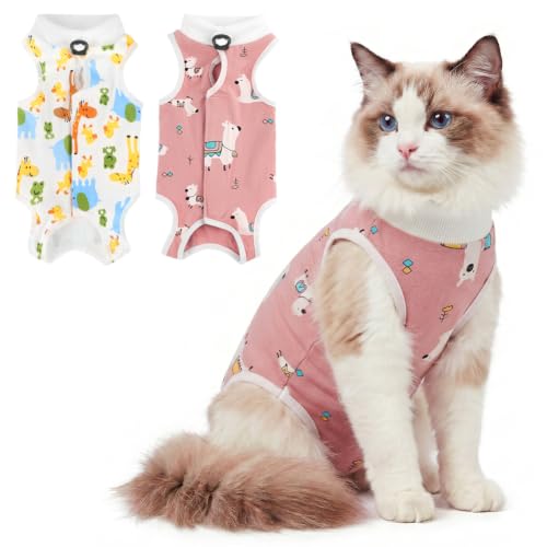 AYESY Trajes de Recuperación para Gatos, 2 Piezas Profesional Body de Recuperación Heridas Abdominales Suave Transpirable Pijama contra Lamer para 3.6-6.3 Kg Gato Esterilización Impreso L
