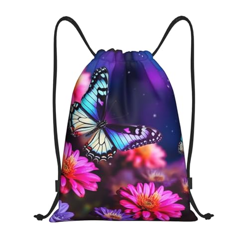 Drawstring Bag Lightweight Small Gym Bag for Women Butterfly Beautiful Flowers Soccer Backpack for Sports Travel