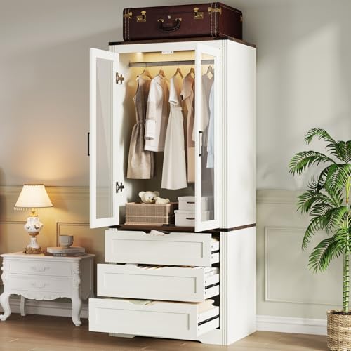 Concho 73'' Tall Farmhouse Armoire Wardrobe Closet with LED Light, Wood Wardrobe Closet with 2 Doors 3 Drawers, Freestanding Bedroom Armoire Clothing Storage Cabinet, Antique White