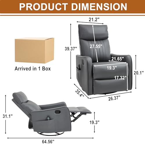 Image of Manual Swivel Rocker Recliner Chair for Adults, Overstuffed Reclining Glider Chair for Nursing with Vibration Massage & Heat, Living Room Rocking Recliner 2-Stage backrest, Faux Leather Gray