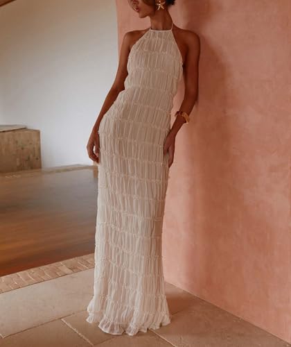 Flowy Boho Beach Dress for Women Halter Backless Smocked Vacation Long Dress Sexy Off Shoulder Resort Maxi Sundress3