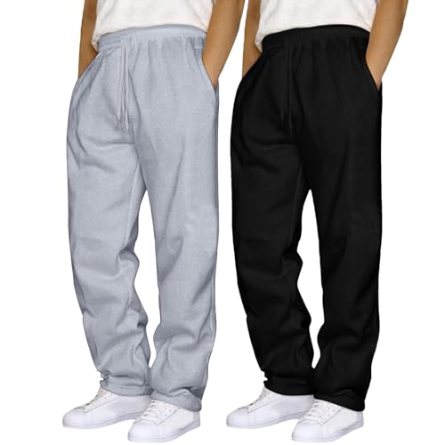 2 Pack Mens Jogging Bottoms with Pockets Open Hem Tracksuits Trousers Casual Jogger for Men Gym Sports Bottom Hip Hop Straight Wide Leg Activewear Pull On Trousers Jogging Sweatpants