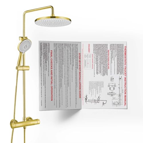 JUSTER Système de Douche Thermostatique,Doré, Ensemble Complet d'Accessoires de Douche avec Pomme de Douche Ronde à Effet Pluie, Comprenant une Barre de...