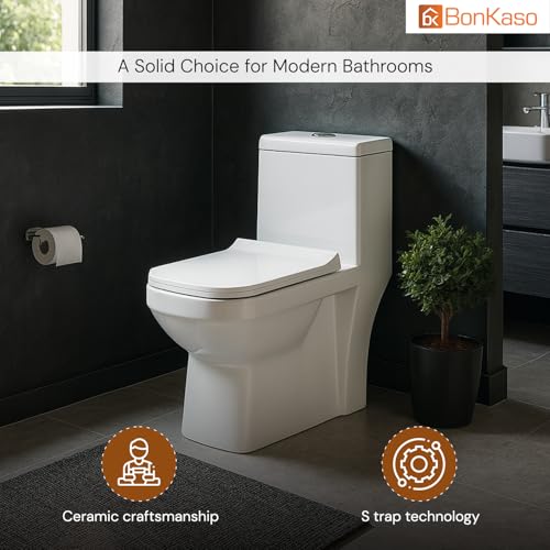 Image of BonKaso Premium Western Floor Mounted Ceramic One Piece Commode (White)| S Trap European Toilet with Soft Close Seat | Square Design Water Closet for Bathroom /Lavatory | Siphonic Vacuum Flush System