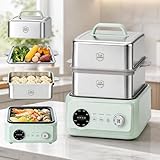 13.6Qt 2-Tier Electric Food Steamer for 5-9 Servings, One Touch Vegetable Steamer for Cooking, 24h Reservation and Timer, 2 in1 Stewing Simmering Electric Steamer
