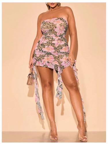 Image of Verdusa Women's Plus Size Cheetah Asymmetrical Strapless Tube Dress Ruched Bodycon Mini Dress with Ruffle Straps