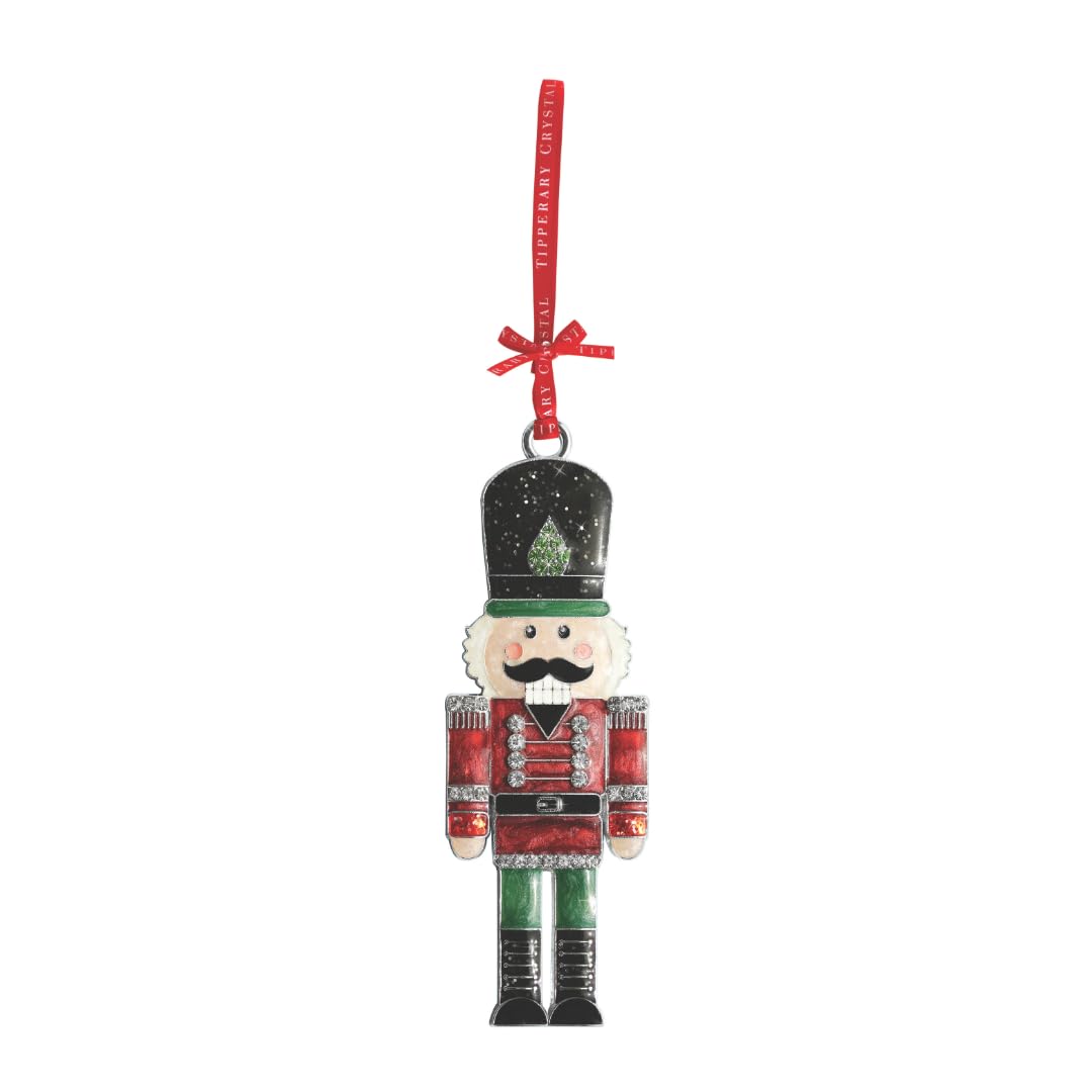 Tipperary Crystal Sparkling Nutcracker Soldier Christmas Decoration – Festive Hanging Ornament with Red and Green Enamel Detail