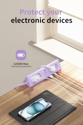 Image of 6.5 FT Desk Clamp Power Strip with 5 AC Outlets & 6 USB Ports PD 40W USB-C Fast Charging, Extension Cord with Multiple Outlets, Fits 2.1 in top Edge Purple