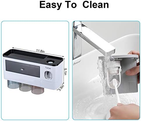 TuCao Automatic Toothpaste Dispenser Squeezer Wall Mounted & Space-Saving Toothbrush Holder for Bathroom,3 Transparent Magnetic Cups,6 Toothbrush Slot with Cover and Cosmetic Organizer Drawer(3 Cups)