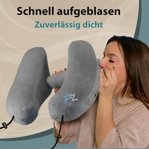 FLOWZOOM Air Nackenkissen Flugzeug in H-Design, Reisekissen für 5 Schlafpositionen, schnell aufblasbar & druckregulierbar, Nackenhörnchen mit Abnehmbarer Kapuze & Plüschbezug - Größe L, Grau