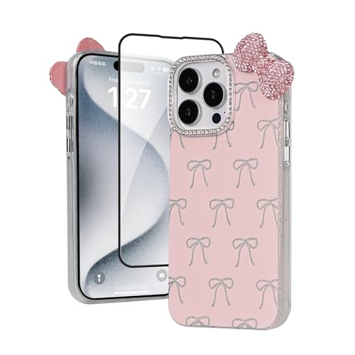 zcvbjek Cute Case for iPhone 14 Pro Max 6.7'' with HD Screen Protector,Pink Glitter Rhinestone Bow Phone Cases,Bowknot Pattern Silicone Protective Camera Shockproof Phone Cover for Women&Girls