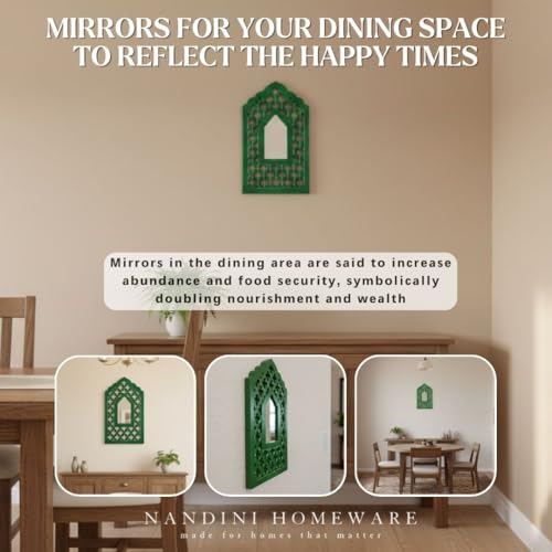 Image of Handcrafted Traditional Green Mughal MDF Wooden Mirror Jharokha Wall Art | Mughal-Inspired Boho Vintage Style Decorative Wall Hanging for Living Room & Home Interiors (Green Mughal)