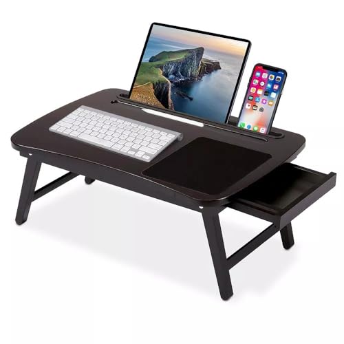 Image of VASIL MART A Versatile Laptop Table Or Lapdesk With A Spacious Working Area For Home That Is Made Of Solid Mango Wood And Is Adjustablefoldable, With Phone And Tablet Holder (Black, 60 Cm, 33 Cm)