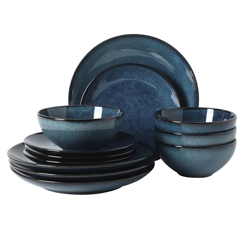 Image of Gibson Elite Castle Peak Plates and Bowls Set, 12-Piece Dinnerware Set, Blue Reactive Glaze Stoneware Dishes, Dinner Plates, Salad Plates & Cereal Bowls